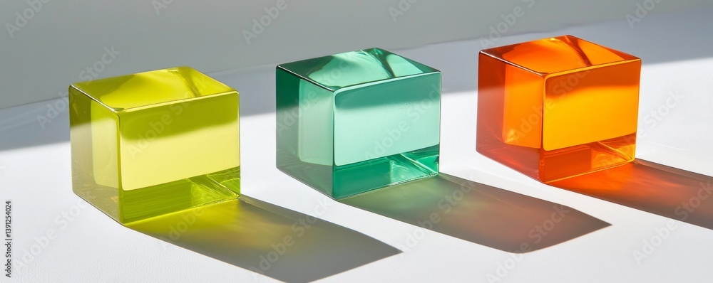Poster vibrant colored cubes creating dynamic shadows on a white surface.