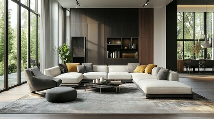 Modern living room interior with expansive windows and contemporary furniture