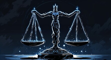 Black and white scales of justice symbol glowing in the dark anime cartoon style illustration artwork design background