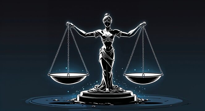 Black and white scales of justice symbol glowing in the dark anime cartoon style illustration artwork design background