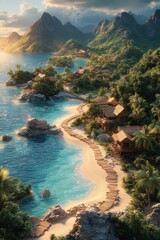 Tropical beach paradise with wooden walkways winding through lush greenery and beachfront bungalows