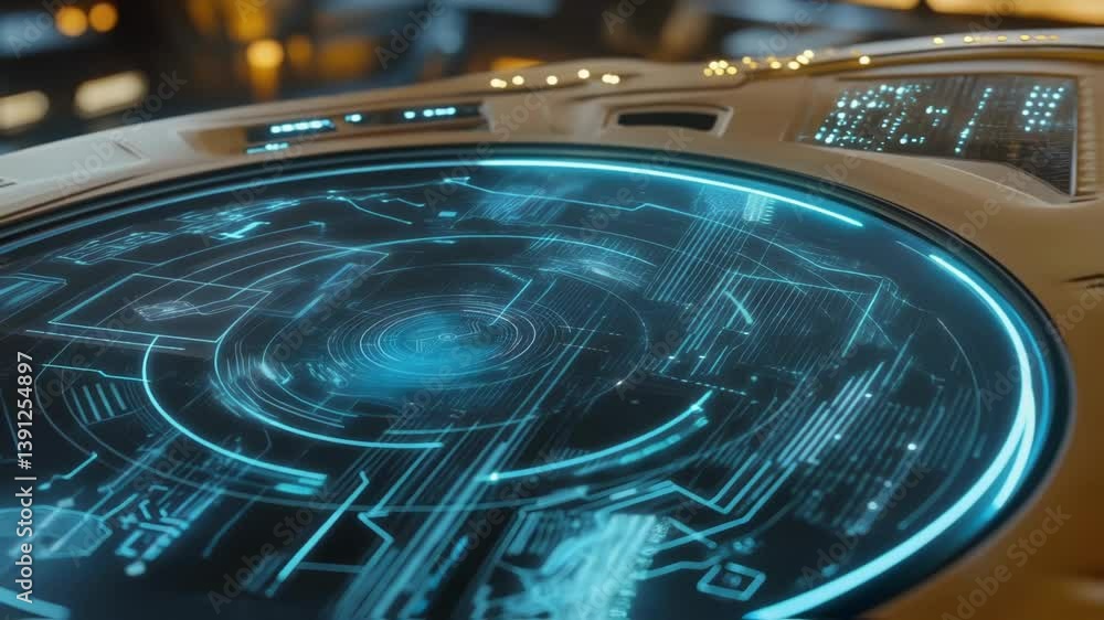 Poster futuristic spaceship control panel displaying complex data analysis and information through a hologr