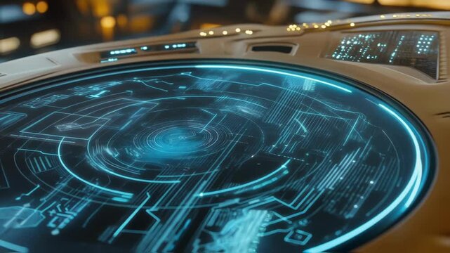 Futuristic spaceship control panel displaying complex data analysis and information through a holographic interface, suggesting advanced technology and space exploration