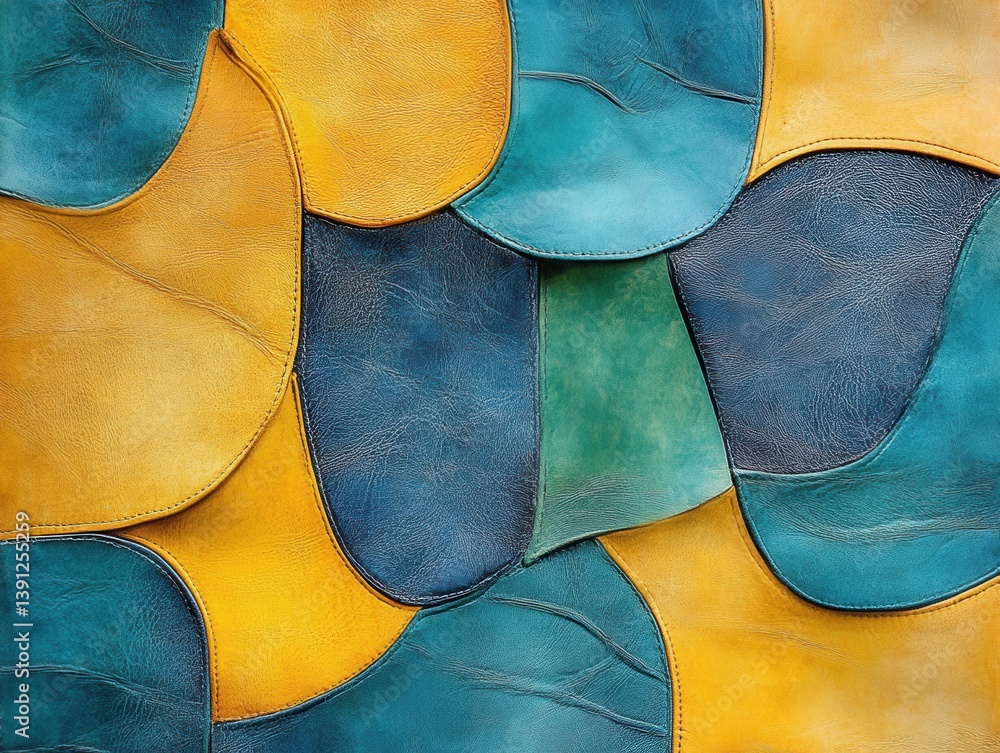 Poster abstract leather patchwork in vibrant hues of yellow blue and green creating a visually appealing te
