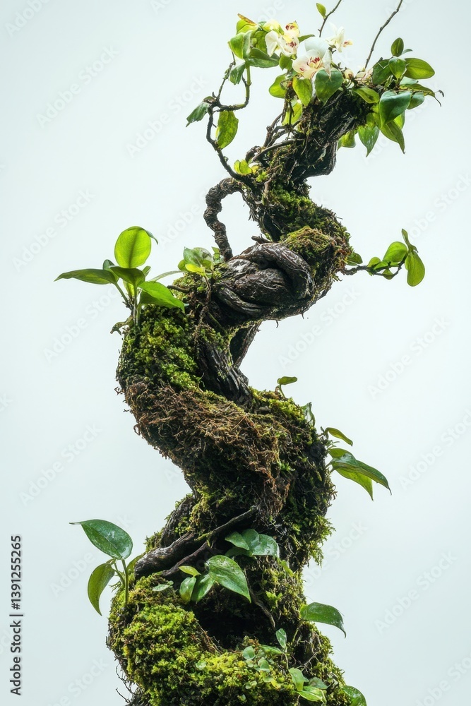 Poster enchanting botanical composition showcasing a mossy winding branch adorned with delicate orchids and