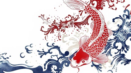 A vibrant red and white koi fish is beautifully isolated on a white background, a creation of generative AI. The striking contrast between the vivid colors of the koi fish and the pure white backdrop 