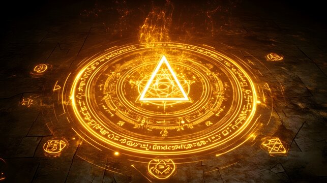 An illuminated golden magic circle with a central triangle shape
