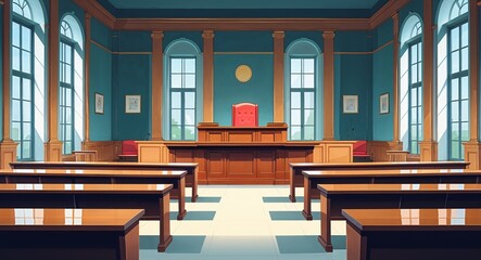 Empty courtroom with rows of benches and a large wooden judge desk anime cartoon style illustration artwork design background