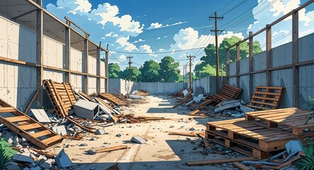 Empty lot filled with construction debris and abandoned wooden pallets anime cartoon style illustration artwork design background
