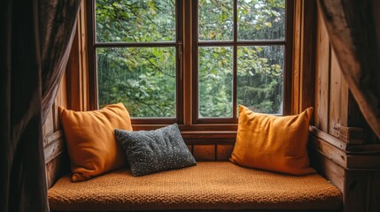 Cozy window seat with soft pillows overlooking a rainy green forest creating a peaceful and inviting scene for relaxation and contemplation in a rustic home