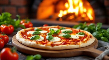 Close up of a pizza with basil and mozzarella on a wooden board in front of a brick oven with fire