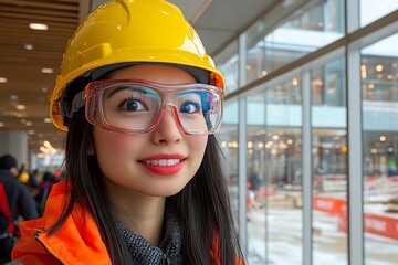 Woman in safety gear, indoors, urban setting