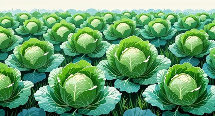 Fototapeta premium Fresh green leaves of cabbage growing in neat rows anime cartoon style illustration artwork design background