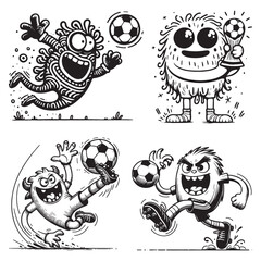 A collection of four playful monster characters enjoying soccer, with different poses and expressions.
