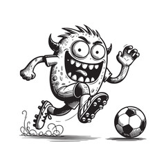 A joyful monster running excitedly towards a soccer ball, full of energy and playful expression.
