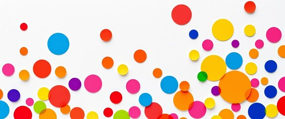 Vibrant multicolored polka dots on textured white background, background texture, happy