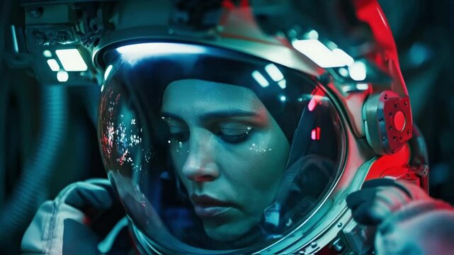 Reflective helmet visor revealing female astronaut silently observing spaceship cockpit interior with ambient lighting and contemplative demeanor during space mission