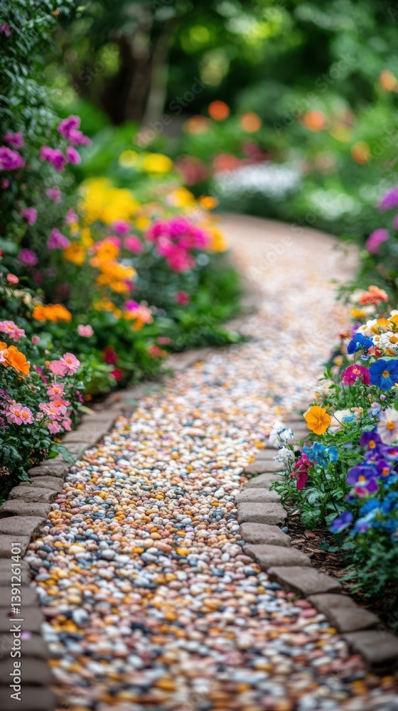 Poster serene garden path lined with colorful flowers and smooth pebbles creating a peaceful and inviting a