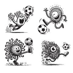 A set of four fun, energetic monster characters playing soccer in various exciting poses.