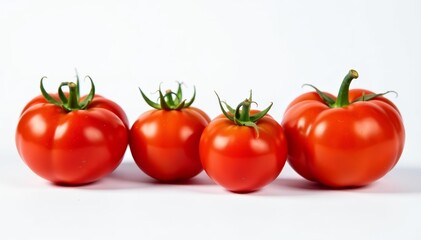 Vibrant red tomatoes arranged in a row on white backdrop, agriculture, ingredient