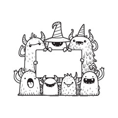 A playful group of cute cartoon monsters holding a blank sign, perfect for customizable content.