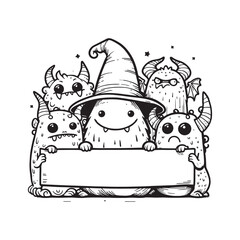A playful group of cartoon monsters holding a blank sign, featuring a witch hat on one monster.