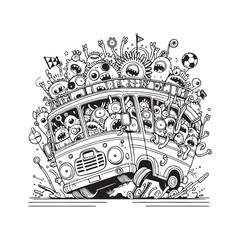 A chaotic scene with monsters on a bus, a soccer-playing monster, and a playful creature reaching for a ball.