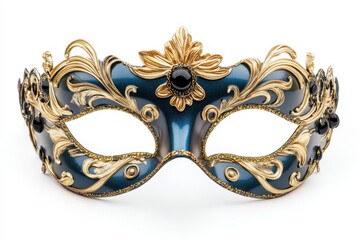 Elegant venetian mask with intricate gold details and a central black jewel on a white background for masquerade ball