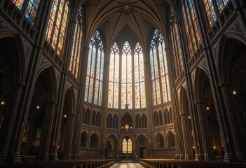 Fototapeta premium Sunlight streaming through stained glass in a grand cathedral interior