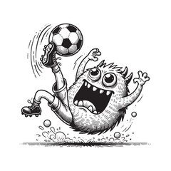 A playful monster kicking a soccer ball, showing excitement and energy in a fun, hand-drawn style.
