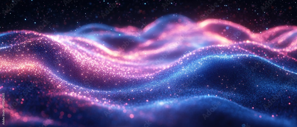 Poster ethereal landscape of sparkling particles in cosmic space with a dreamy glow and soft focus creating