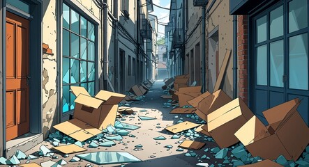 Narrow alley with broken glass and discarded cardboard boxes littered across the ground anime cartoon style illustration artwork design background