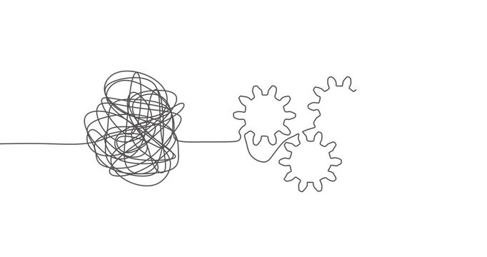 Process of solving, unleashing problems animation. From a complex problem to a simple business solution. Brainstorming video. Thin line knot and gears