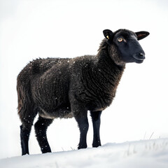 Black Sheep in Snow: Winter Farm Animal Photo