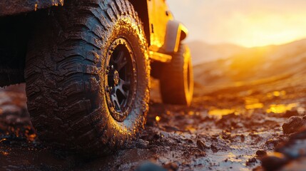 Off-road vehicle traversing muddy terrain at sunset.  Close-up of a dirty tire