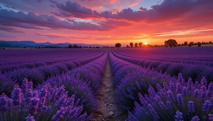 Fototapeta premium Berautiful summer Lavender field at sunset over lavender field.