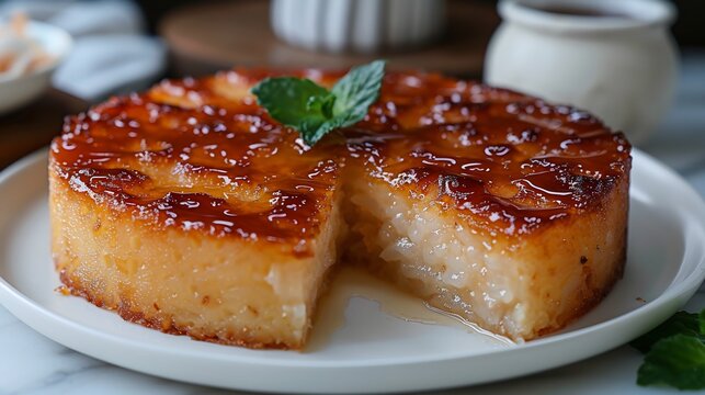 Filipino biko sticky rice cake coconut caramel topping sliced on a white dessert plate