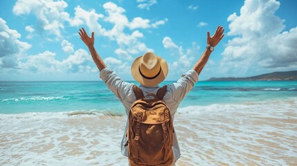 A man wearing a straw hat and a backpack is standing on a beach