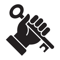 Hand holding a key icon. Icon symbol suitable for key of success, goal, control, business. Flat solid icon.