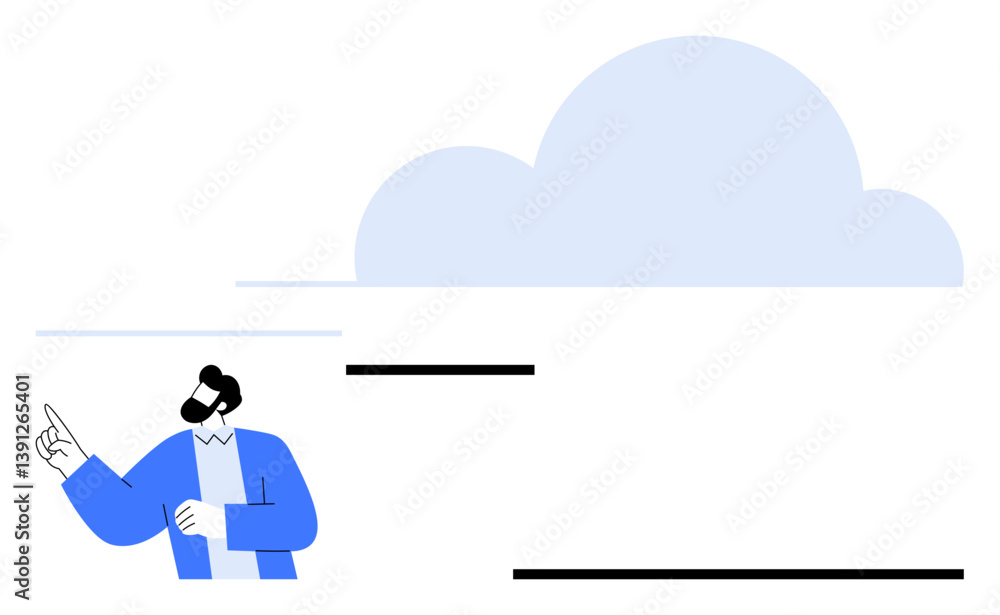 Poster professional pointing at a large cloud representing digital transformation, cloud computing, or virt