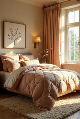 Serene Bedroom with Soft Peach Quilt and Embroidered Details, Sunlit Window, and Neutral Decor