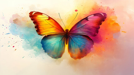 Colorful butterfly illustration with artistic watercolor splash background