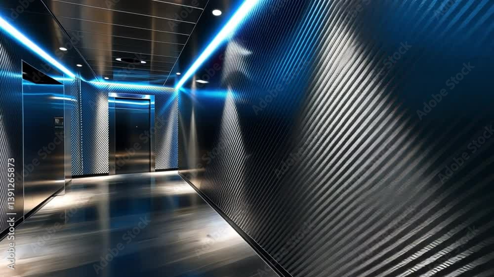 Poster modern corridor design illuminated geometric patterns and metallic finishes with blue lighting for u
