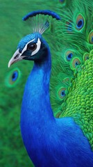 Captivating close up of a vibrant peacock with iridescent blue plumage and ornate green feathers in a lush setting