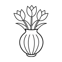 A minimalist line drawing of a round ceramic vase with tulips sticking out on a white background