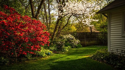 Fototapeta premium Springtime and summer home surrounded by lush greenery and blooming trees, embodying serene natural beauty.