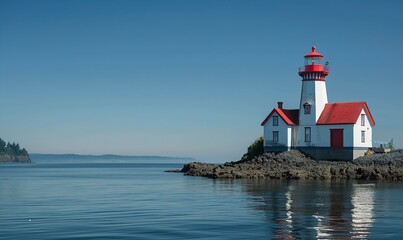 Clear skies and a lone red and white lighthouse overlooking a serene blue ocean, Generative AI.