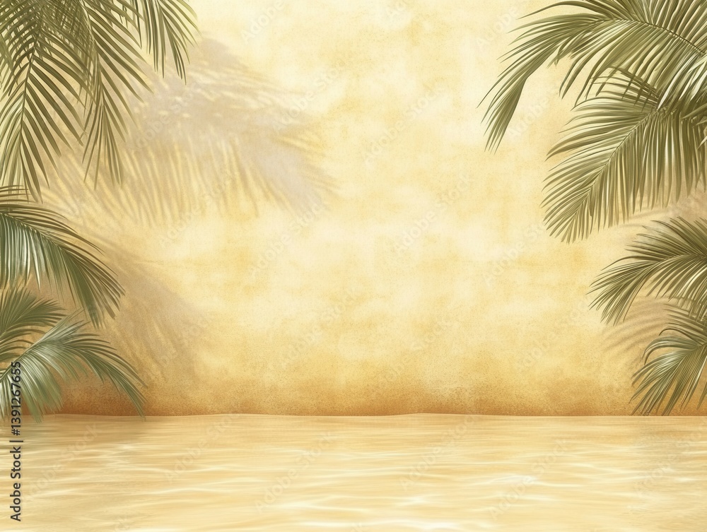 Poster tranquil tropical backdrop with palm fronds casting shadows on a textured wall creating a serene sum