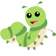 Cute green caterpillar cartoon with big eyes and a happy smile on a blue background. Perfect for kids’ content, nature themes, educational materials, or playful insect illustrations.