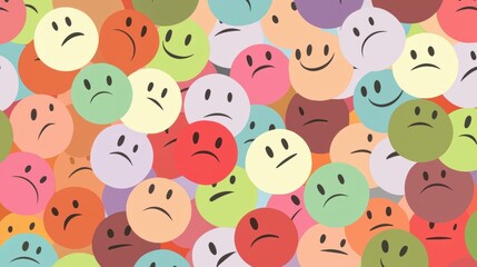 A colorful seamless pattern of happy and sad cartoon faces creates a cheerful yet melancholic mood background ideal for web design projects.